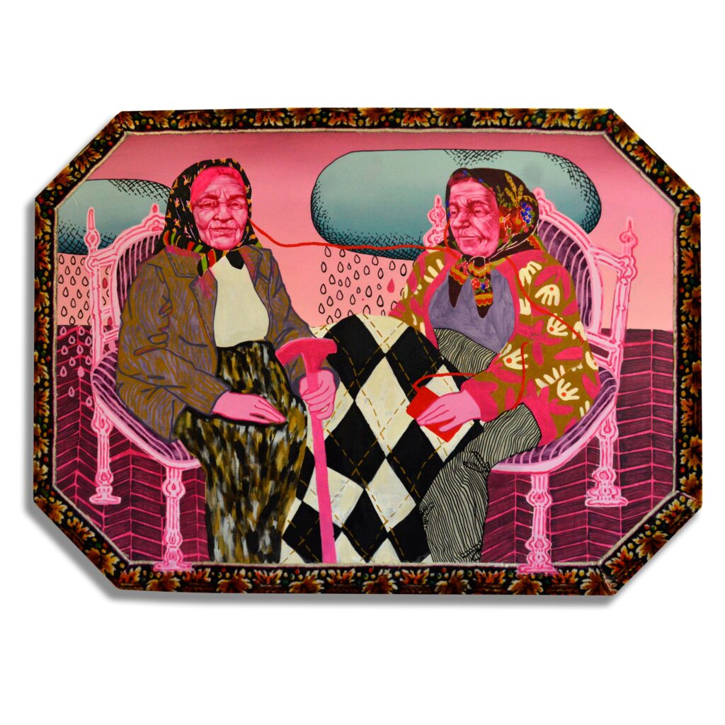 Yana Hudzan, Connected, Oil, acrylic, vintage velvet carpet, 142x102, 2023